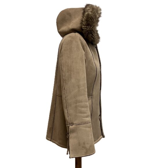 Tower by London Fog Hooded Coat Faux Suede with Faux Fur Shearling Lining Tan - Picture 3 of 11